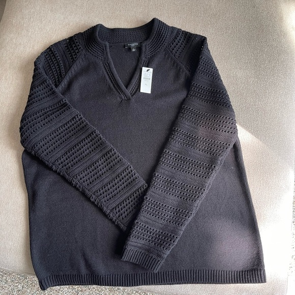 Talbots black V-neck pullover sweater, Crocheted sleeves. Size LP. Never worn - Picture 1 of 2
